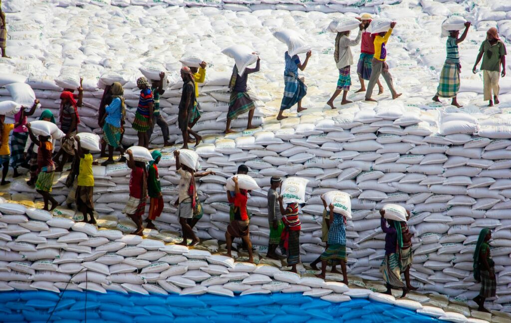 workers transporting sacks at a busy loading dock