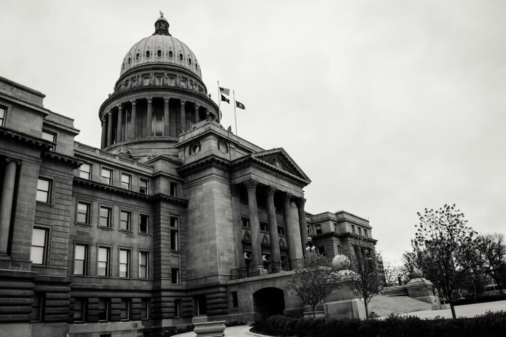 grayscale photo of concrete building